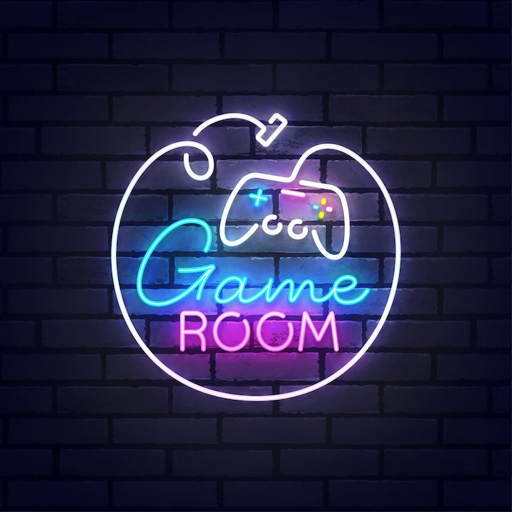Vettore insegna al neon di gioco insegna luminosa insegna luminosa logo della sala giochi emblema al neon illustrazione vettoriale