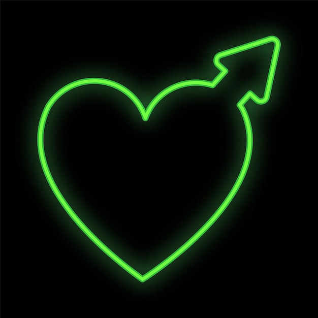Insegna al neon digitale festiva verde brillante brillante per un negozio o una carta bella lucida con cuori d'amore