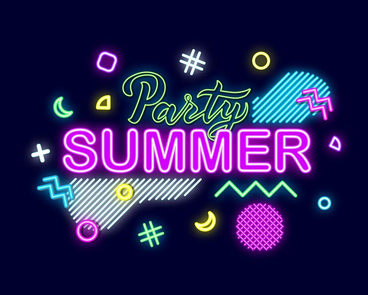 Vettore insegna al neon estiva con illuminazione brillante cartello per le vacanze estive cartello luminoso con logo al neon emblema luminoso banner festa estiva poster con elementi decorativi illustrazione vettoriale isolata