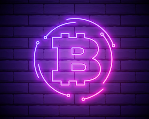 Insegna al neon Insegna al neon retrò Bitcoin su sfondo viola Pronto per il tuo banner icona di design Illustrazione vettoriale