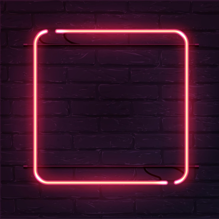 Vettore insegna al neon rosa quadrata sul muro di mattoni