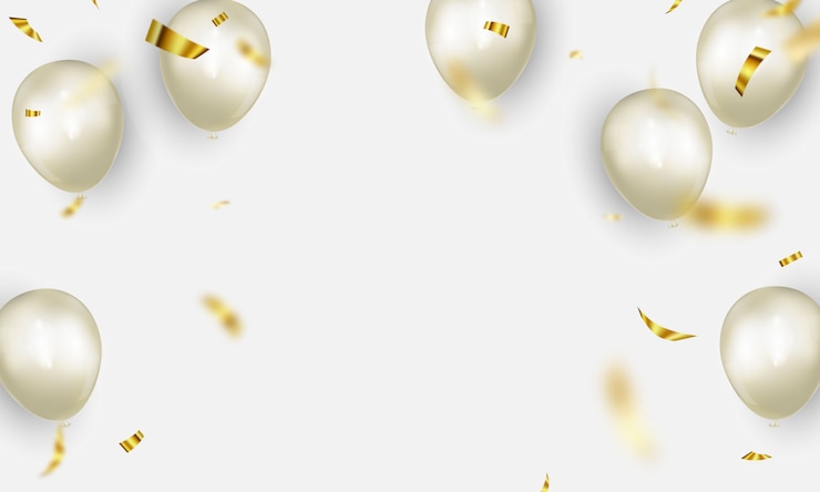 Vettore insegna del partito di celebrazione con il fondo bianco dei palloni di colore. illustrazione di vendita. biglietto d'auguri di lusso ricco di auguri
