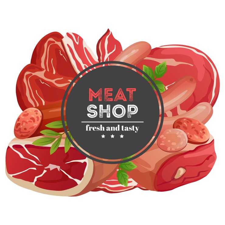 Vettore insegna della macelleria con l'illustrazione di vettore dei prodotti a base di carne