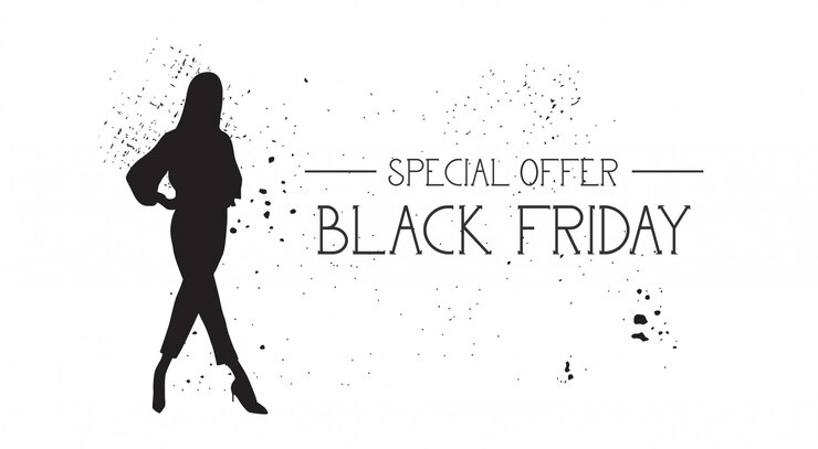 Vettore insegna di offerta speciale di black friday con la siluetta femminile di gomma del modello di moda di lerciume su bianco
