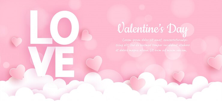 Insegna di San Valentino con la parola di amore e cuori sulle nuvole