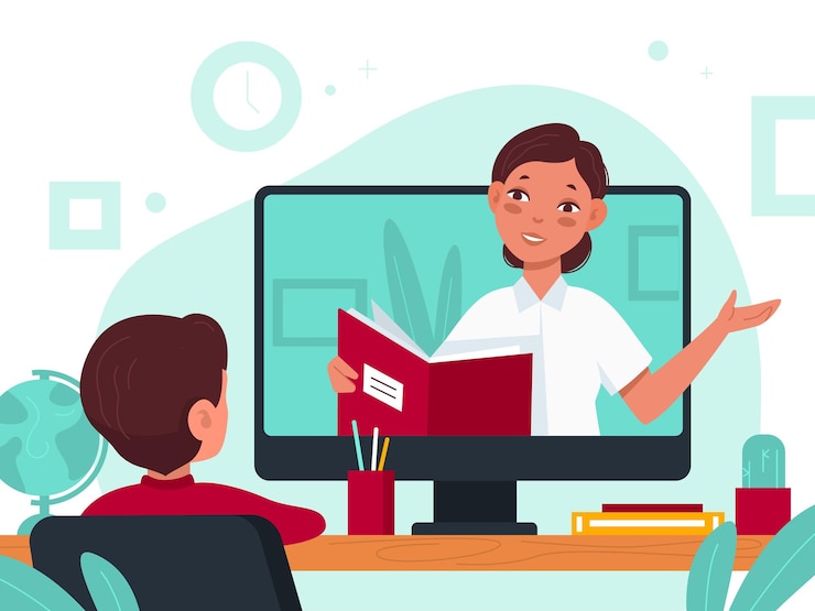 Vettore insegnamento a distanza. video lezione di educazione online durante la quarantena covid, studente alla scrivania e insegnante sullo schermo studio a distanza ed e-learning, guardando webinar o tutorial dal concetto piatto vettoriale di casa