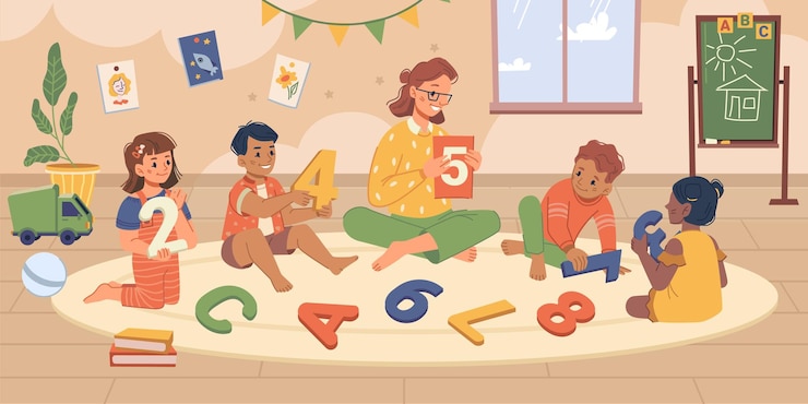 Vettore insegnante che insegna ai bambini nella sala giochi dell'asilo