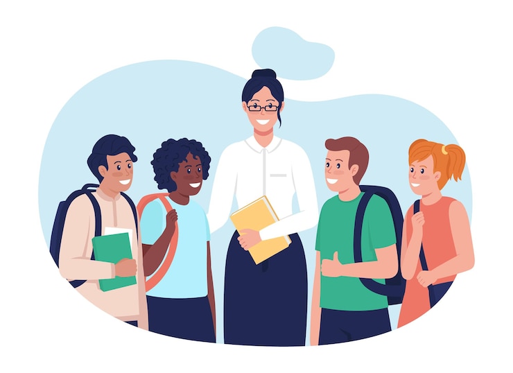 Vettore insegnante con gli studenti 2d illustrazione vettoriale isolato. persone multirazziali felici personaggi piatti su sfondo di cartone animato. bambini dopo la lezione. tutor con la scena colorata dei suoi studenti