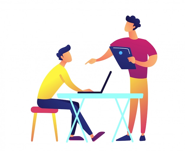 Insegnante con parlare del computer portatile e studente con il computer portatile all'illustrazione di vettore dello scrittorio.