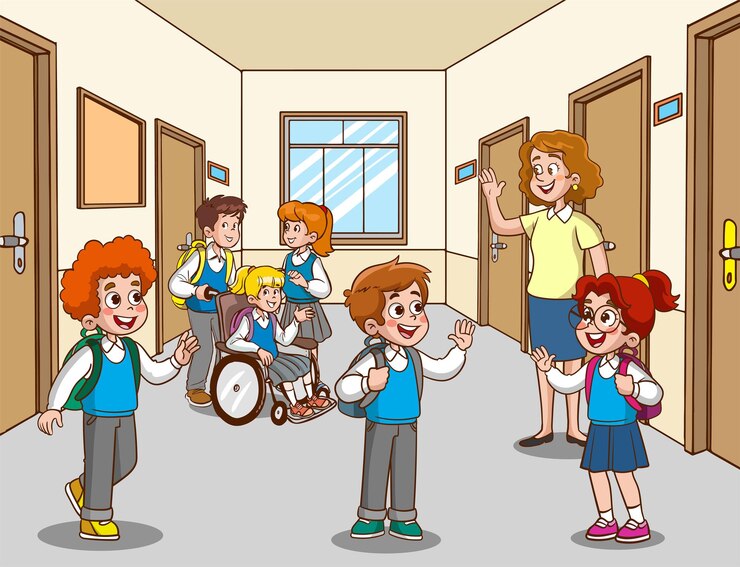 Vettore insegnante e studenti salutano al vettore del fumetto della scuola