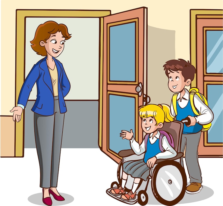 Vettore insegnante e studenti salutano al vettore del fumetto della scuola