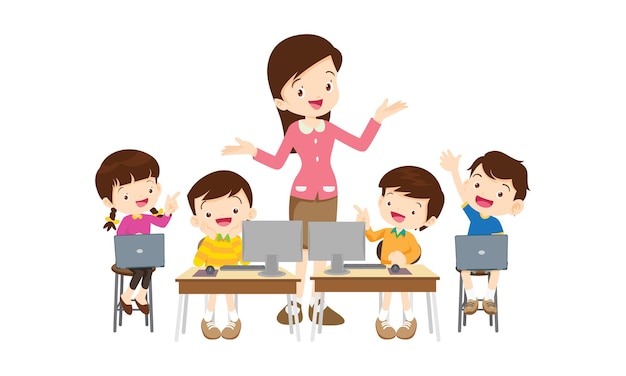 insegnanti e bambini che studiano corsi di formazione in tecnologia informatica