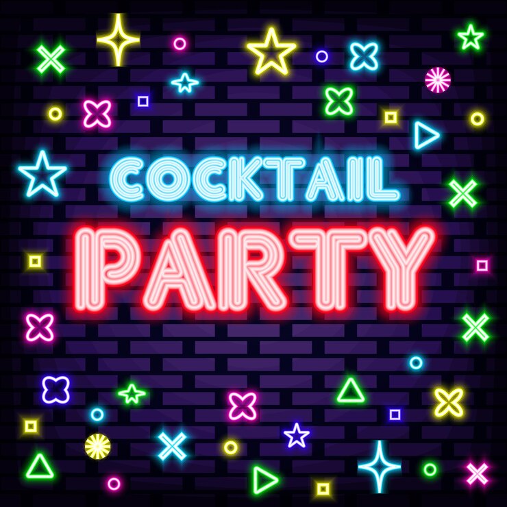 Vettore insegne al neon per cocktail party si illuminano con luci al neon colorate insegna al neon per annunci