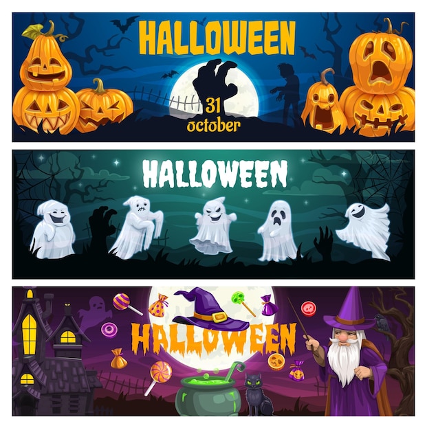 Insegne di vettore del fumetto felice festa di Halloween impostate