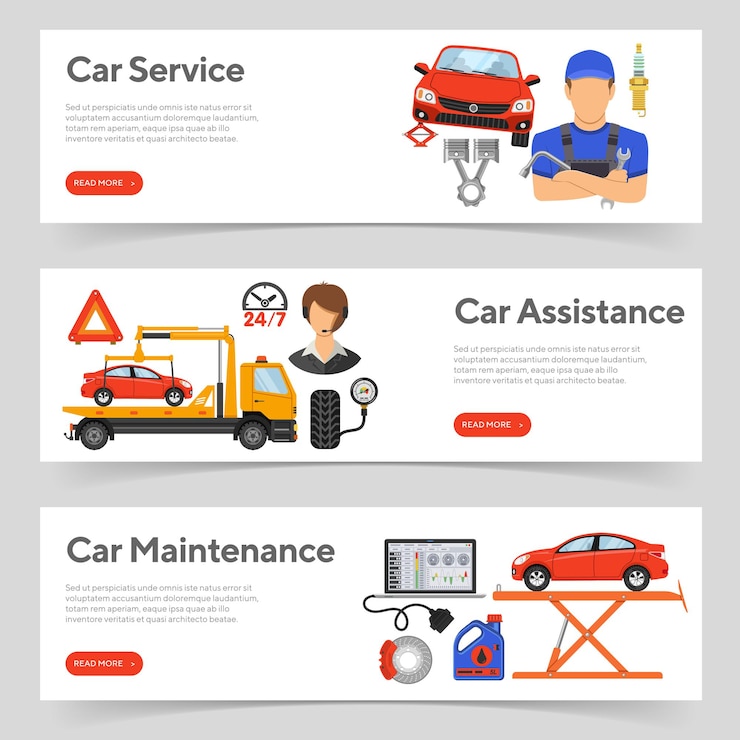 Vettore insegne orizzontali car service, soccorso stradale e manutenzione auto con flat mechanic, support e carro attrezzi.