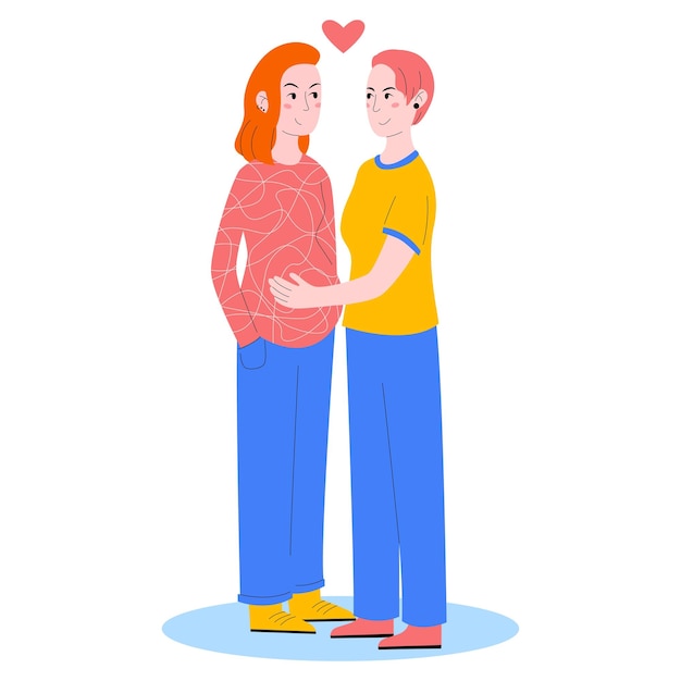 Inseminazione artificiale della famiglia lesbica lesbica incinta La ragazza tocca il ventre della moglie incinta Illustrazione vettoriale in stile piatto