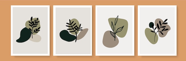 Insieme botanico di vettore di arte della parete. Tono della terra boho fogliame linea arte disegno con forma astratta. Abstract Plant Art design per stampa, copertina, carta da parati, arte murale minimale e naturale