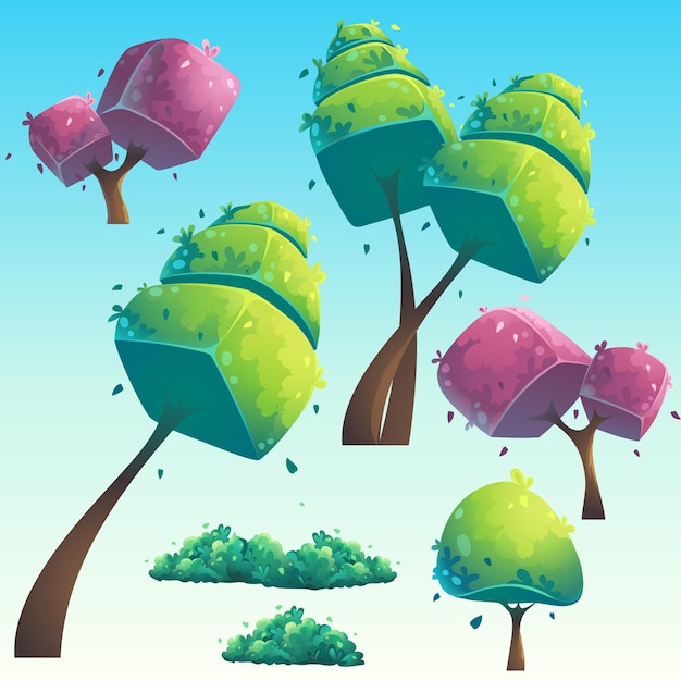 Insieme degli alberi futuristici naturali del fumetto isolato