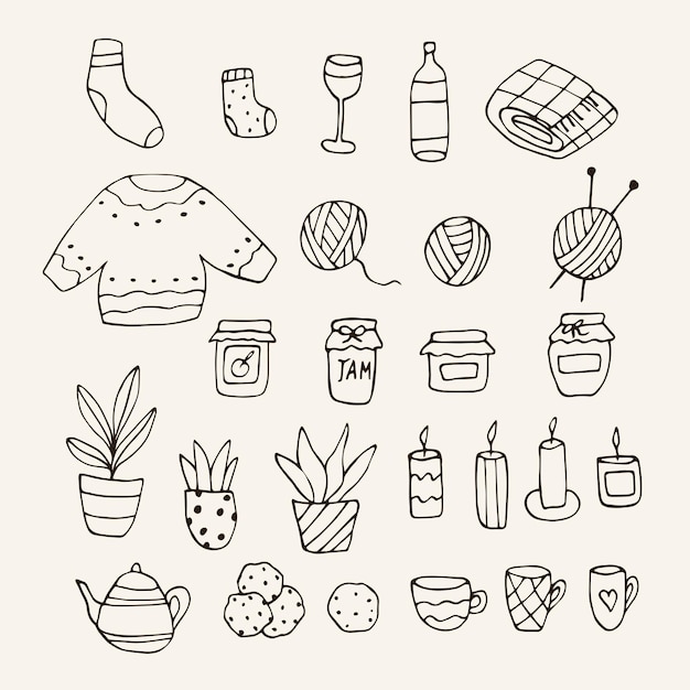 Insieme degli elementi domestici accoglienti di doodle