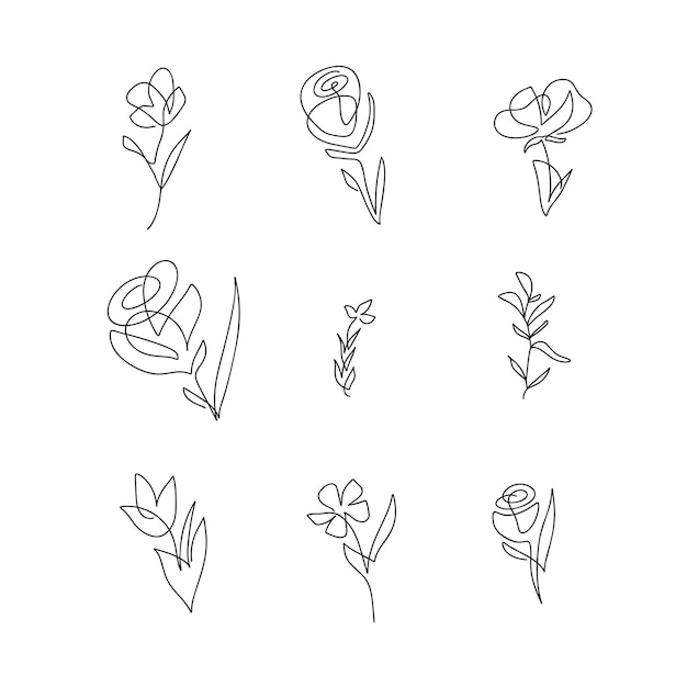 Insieme dei fiori di una linea di vettore. Arte della linea minimalista. Contorno continuo disegnato a mano. Opere d'arte a una linea per un arredamento elegante