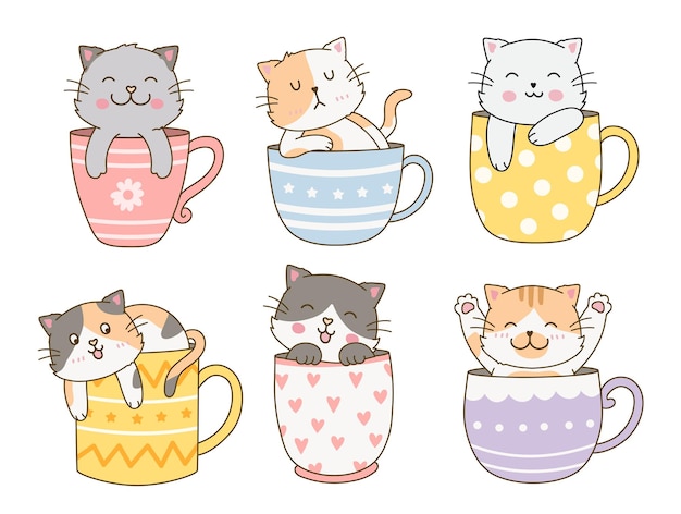 Insieme dei gatti svegli in una raccolta del fascio dell'illustrazione del fumetto del disegno di scarabocchio semplice della tazza di caffè