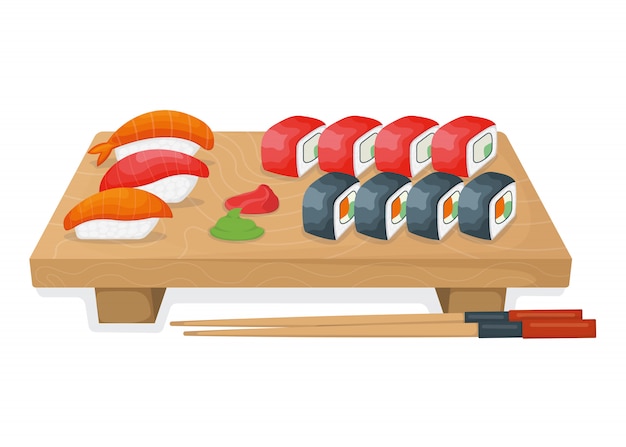 Insieme dei sushi sul bordo di legno della cucina, sul rotolo di tonno e sul concetto dei ciprinidi di color salmone isolati su bianco, illustrazione del fumetto.