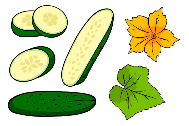 Vettore insieme del cetriolo. cetrioli freschi, spicchi, mezzo cetriolo, fiori e foglie. in stile cartone animato. illustrazione vettoriale per design e decorazione.