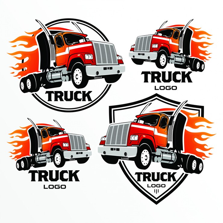 Insieme del logo di camion, emblemi e distintivi, illustrazione vettoriale.