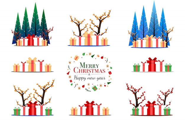 Insieme del regalo di fantasia e albero di pino nel concetto di festival di Natale