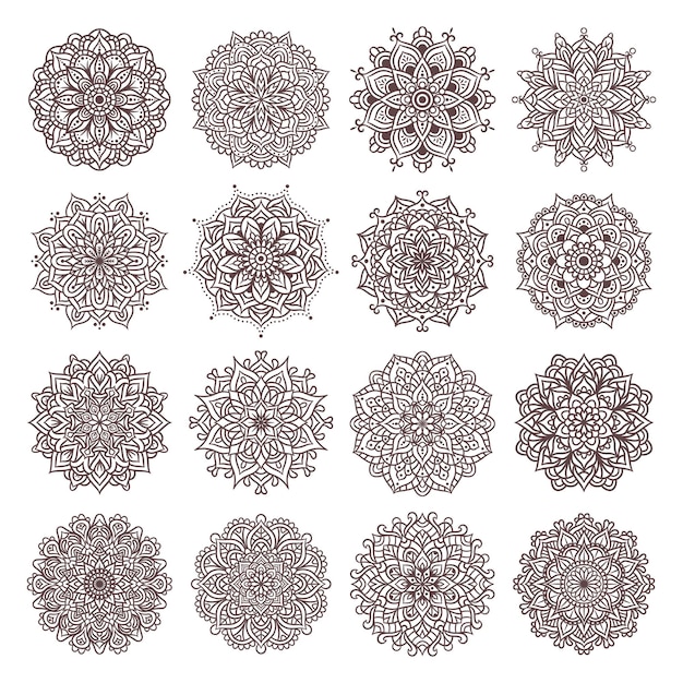Insieme del reticolo rotondo dell'ornamento della mandala. Motivo decorativo in stile orientale. Decorativo vintage