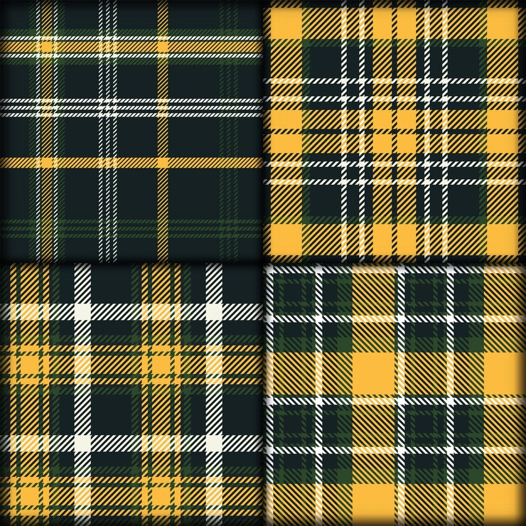 Insieme del reticolo senza giunte del plaid con l'illustrazione di vettore di colori verde bianco e giallo