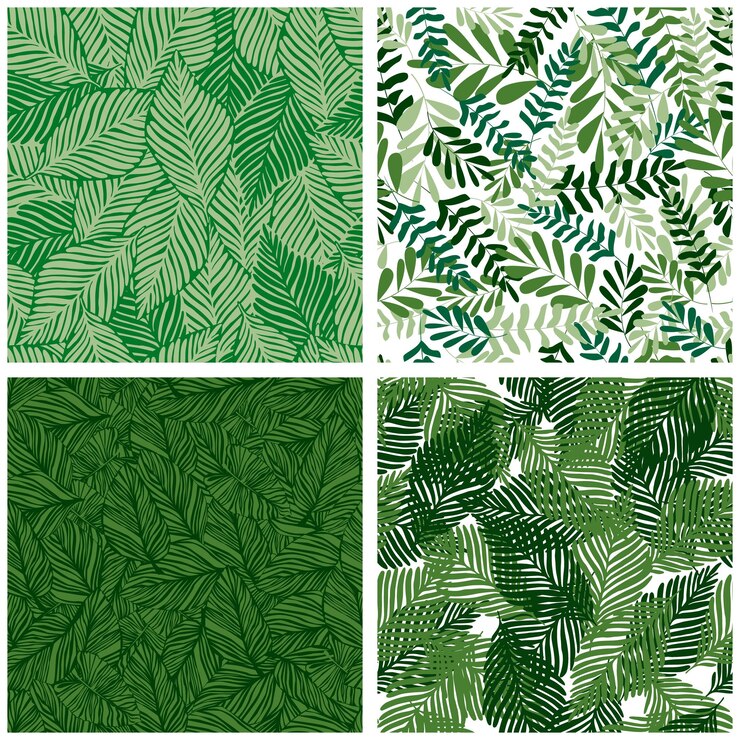 Insieme del reticolo senza giunte della foresta pluviale della foglia della giungla. Stampa di piante esotiche. Modello tropicale, foglie di palma sfondo floreale vettoriale senza soluzione di continuità