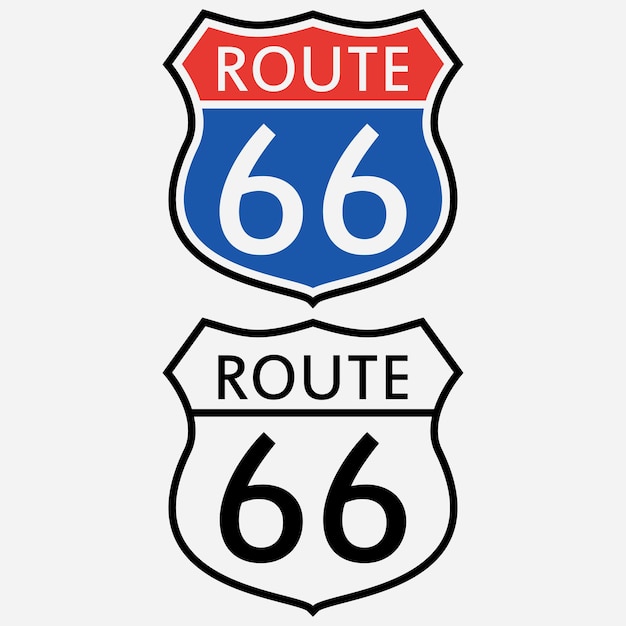 Insieme del segno della Route 66. Il primo segnale stradale in America. Illustrazione vettoriale.