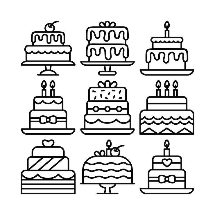 Vettore insieme del vettore di arte di linea della torta di compleanno