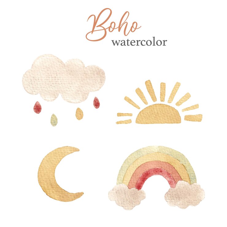 Insieme dell'acquerello di elementi boho arcobaleno nuvola sole luna
