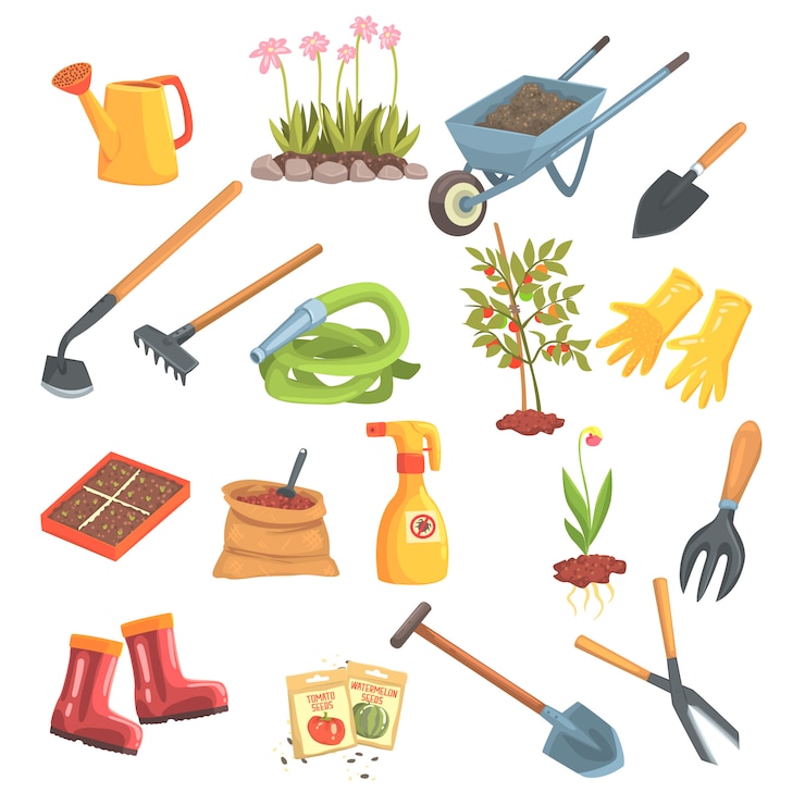 Vettore insieme dell'attrezzatura dei giardinieri degli oggetti necessari per il giardinaggio e coltivare le illustrazioni isolate