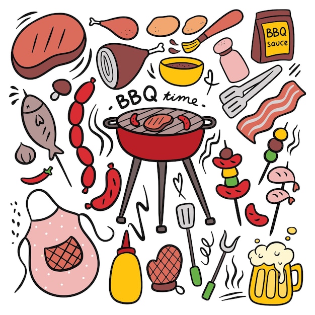 Insieme dell'elemento di vettore di Doodle del barbecue disegnato a mano del fumetto