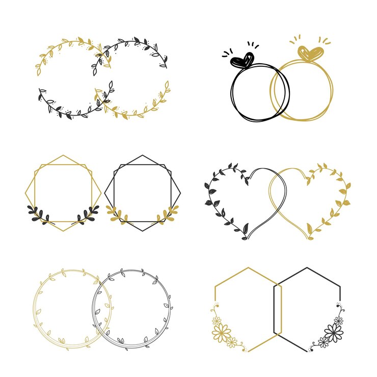 Insieme dell'elemento nero e oro disegnato a mano della struttura per la carta di nozze o la carta di San Valentino