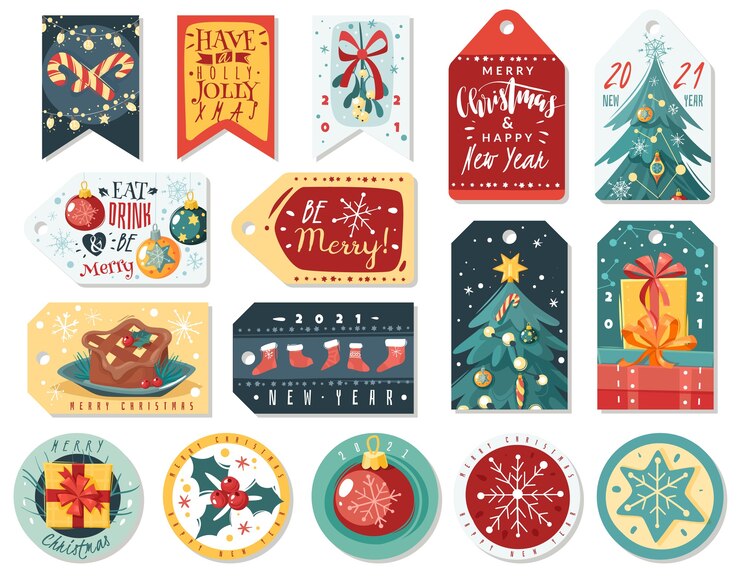Insieme dell'etichetta e dell'autoadesivo del regalo del fumetto di Natale