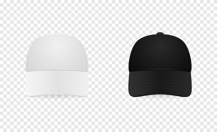 Vettore insieme dell'icona del berretto da baseball bianco e nero. vista frontale. primo piano del modello di progettazione nel vettore eps10. mock-up per il branding e pubblicità isolato su sfondo trasparente.