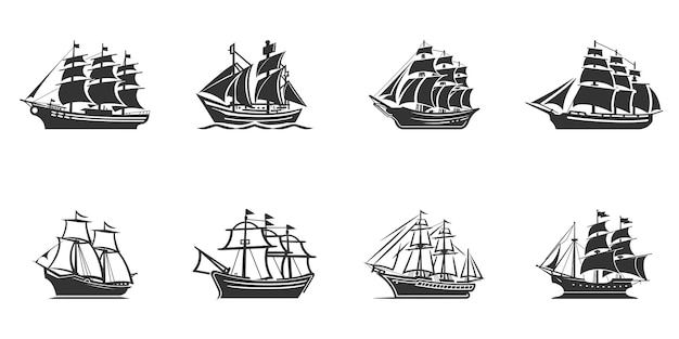 Insieme dell'icona della nave a vela d'epoca Illustrazione vettoriale