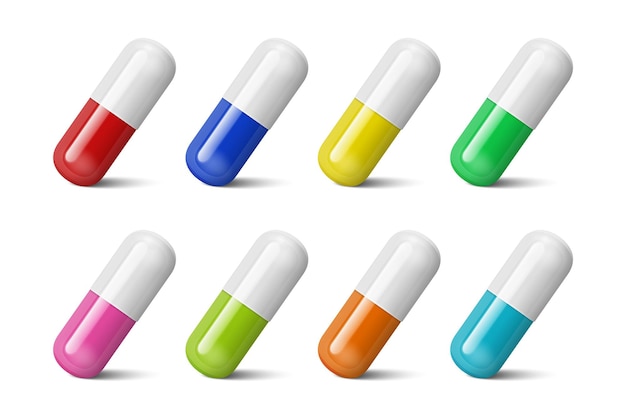 insieme dell'icona della pillola medica di colore diverso isolato