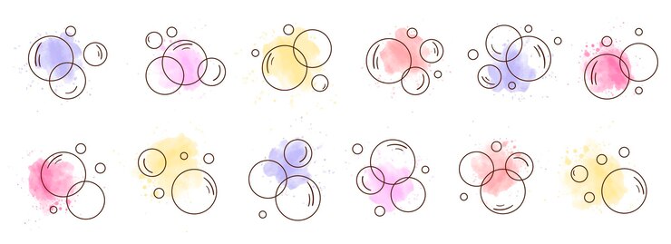 Vettore insieme dell'icona di bolle. schiuma di sapone, bolle di sapone. illustrazioni vettoriali. insieme di scarabocchi di forme di bolle di sapone. acquerello