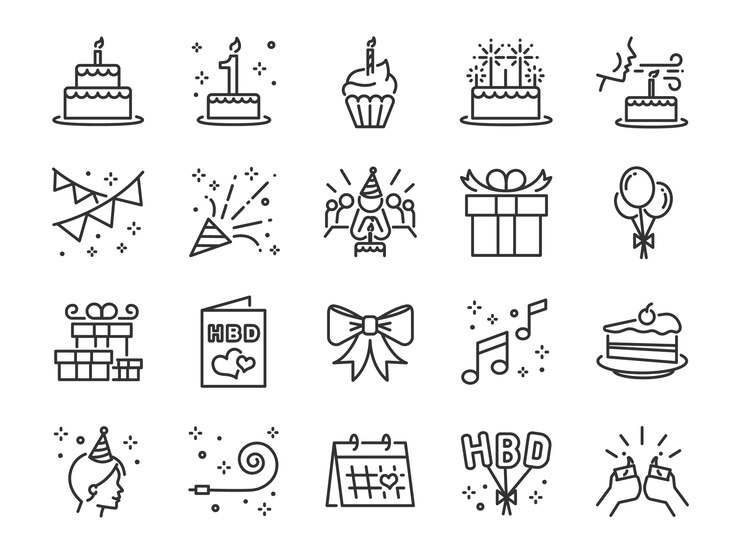 Insieme dell'icona di Happy Birthday Party line.