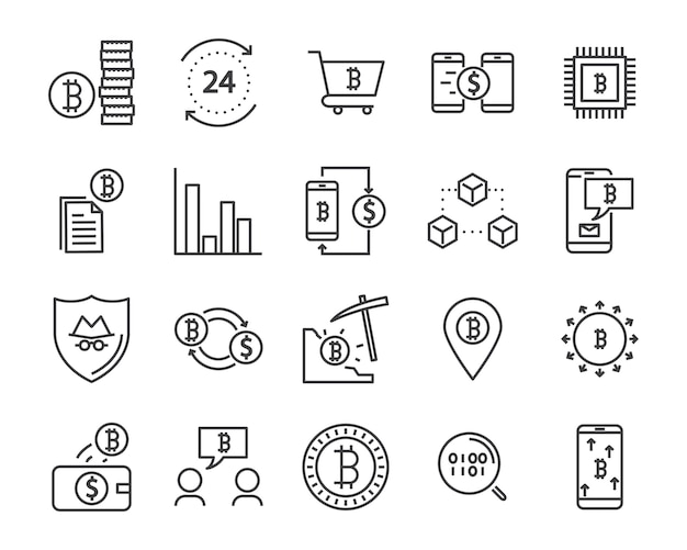 Insieme dell'icona di linea, icona di criptovaluta, collezione di icone blockchain, illustrazione vettoriale