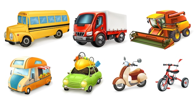 Insieme dell'icona di vettore 3d del trasporto. Bicicletta, scooter, auto, furgone, mietitrebbia, camion, autobus
