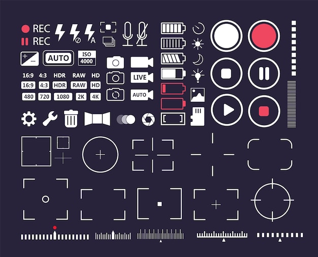 Insieme dell'icona e del contrassegno dell'elemento dell'interfaccia utente multimediale del telefono. Registrazione di filmati, acquisizione della fotocamera e istantanea video o condivisione di fotografie e impostazione dell'illustrazione di vettore dell'elemento iconico di base isolata su bianco