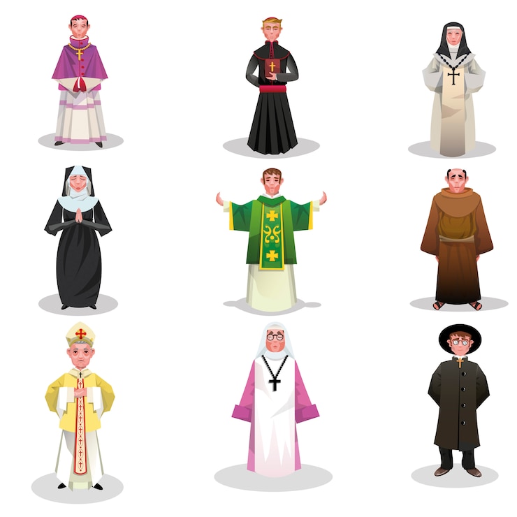 Vettore insieme dell'illustrazione cattolica dei sacerdoti, dei monaci e delle suore