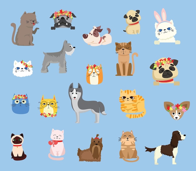Insieme dell'illustrazione dei personaggi dell'animale domestico del fumetto sveglio e divertente.