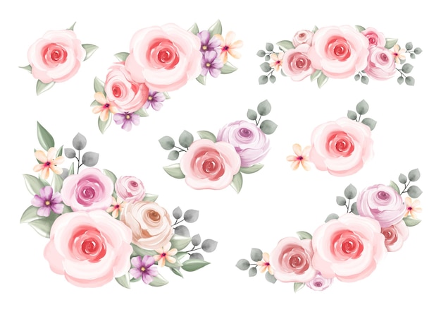 Insieme dell'illustrazione dell'acquerello della corona di fiori dell'annata